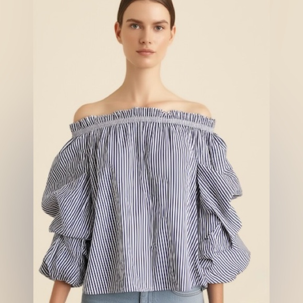 Revamped Black & White Striped Peasant Puffed Sleeve Blouse Size Medium